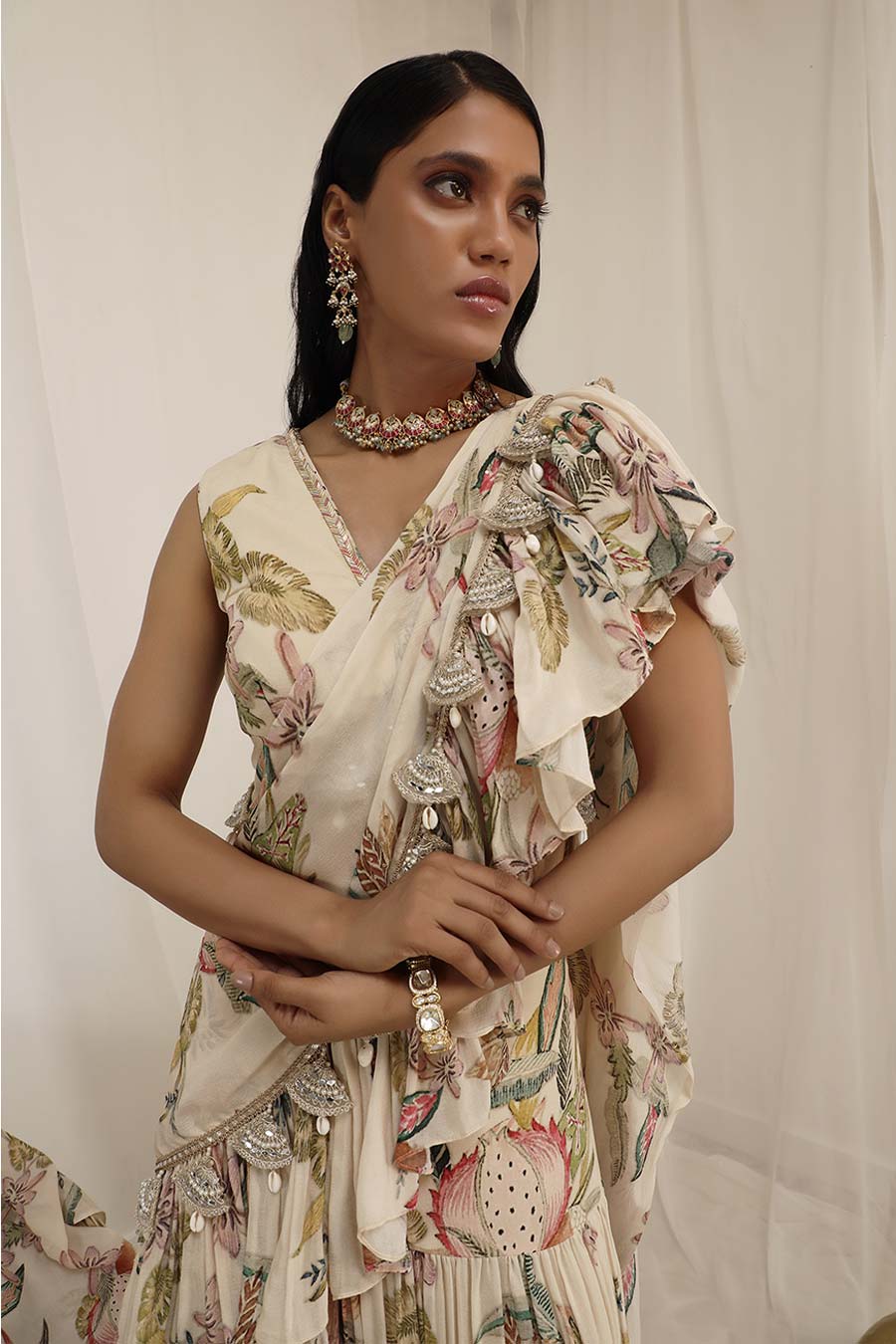 Beige Madhaniya Embellished Pre-Draped Saree Set