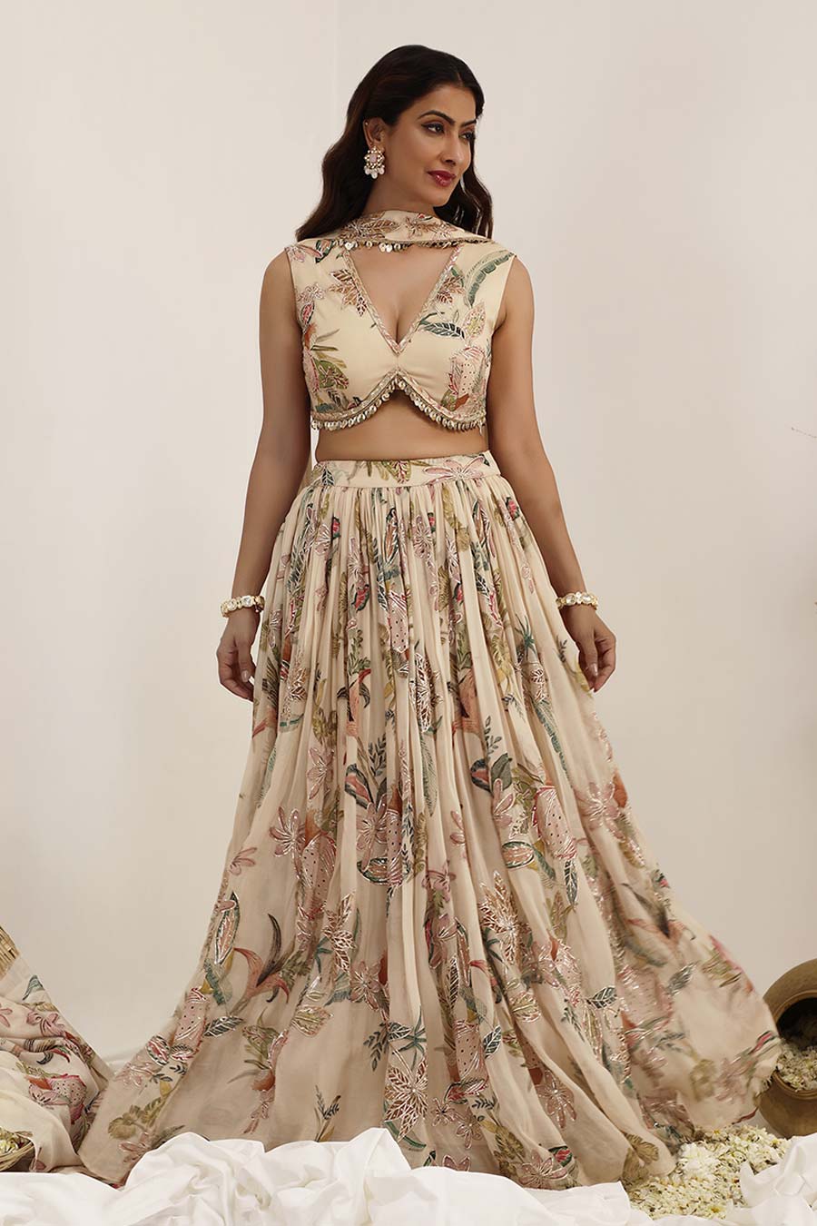 Beige Madhaniya Embellished Lehenga Set