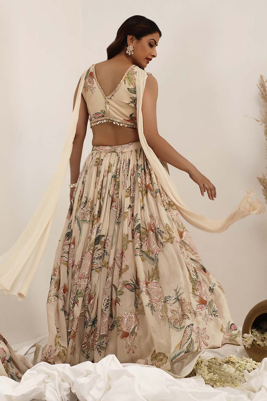 Beige Madhaniya Embellished Lehenga Set