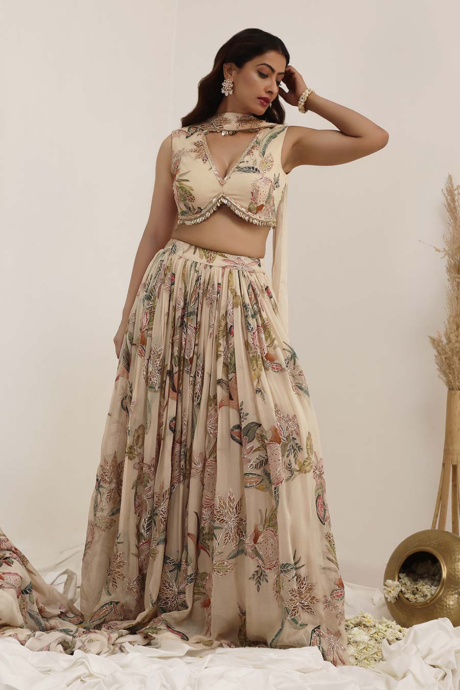 Beige Madhaniya Embellished Lehenga Set