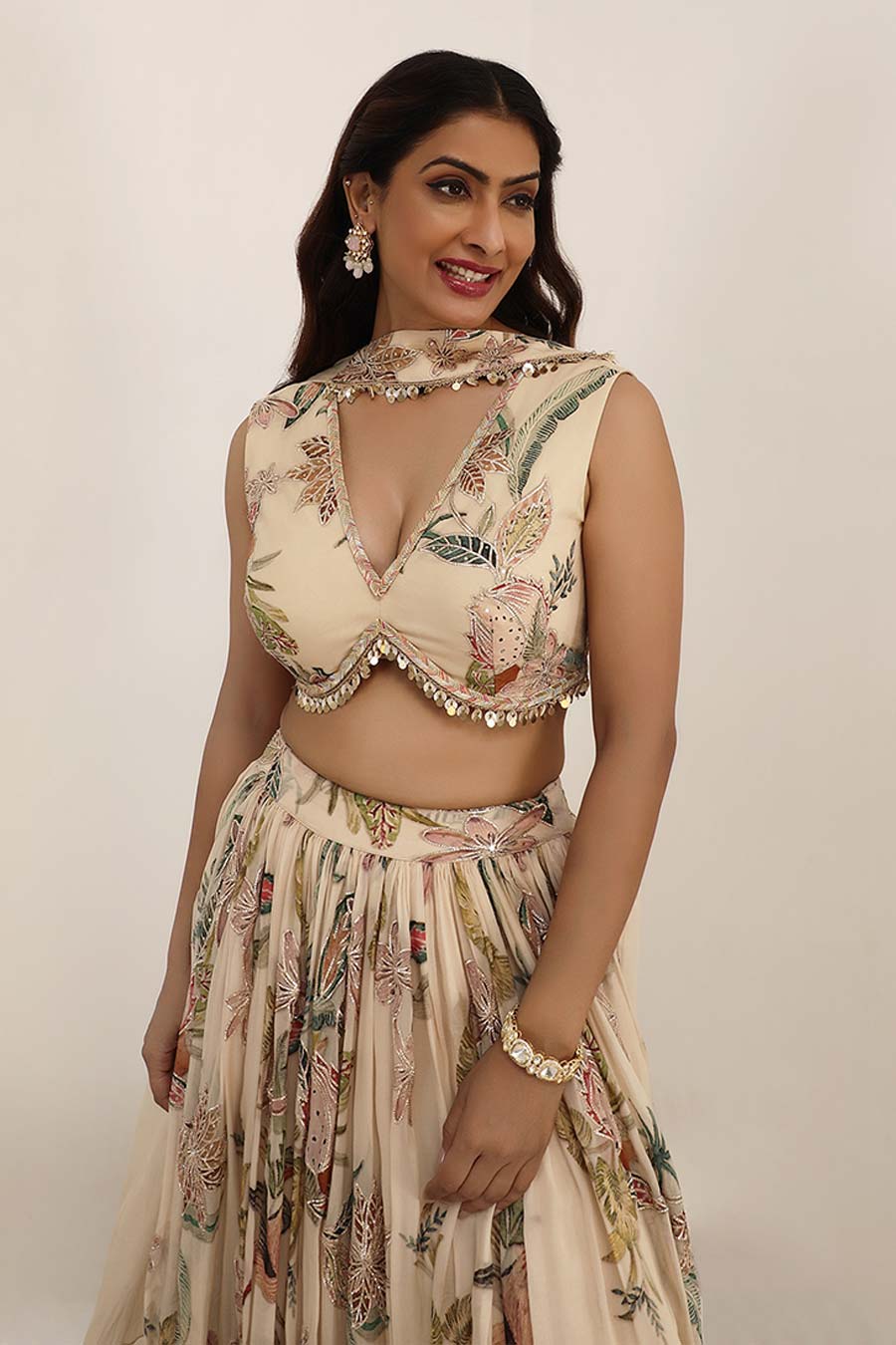Beige Madhaniya Embellished Lehenga Set