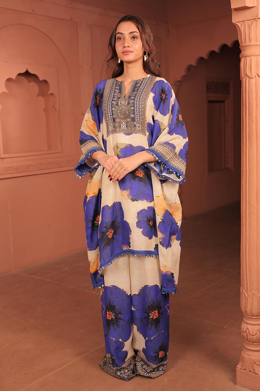 Beige & Blue Pankhudi Printed Kaftan & Pant Set