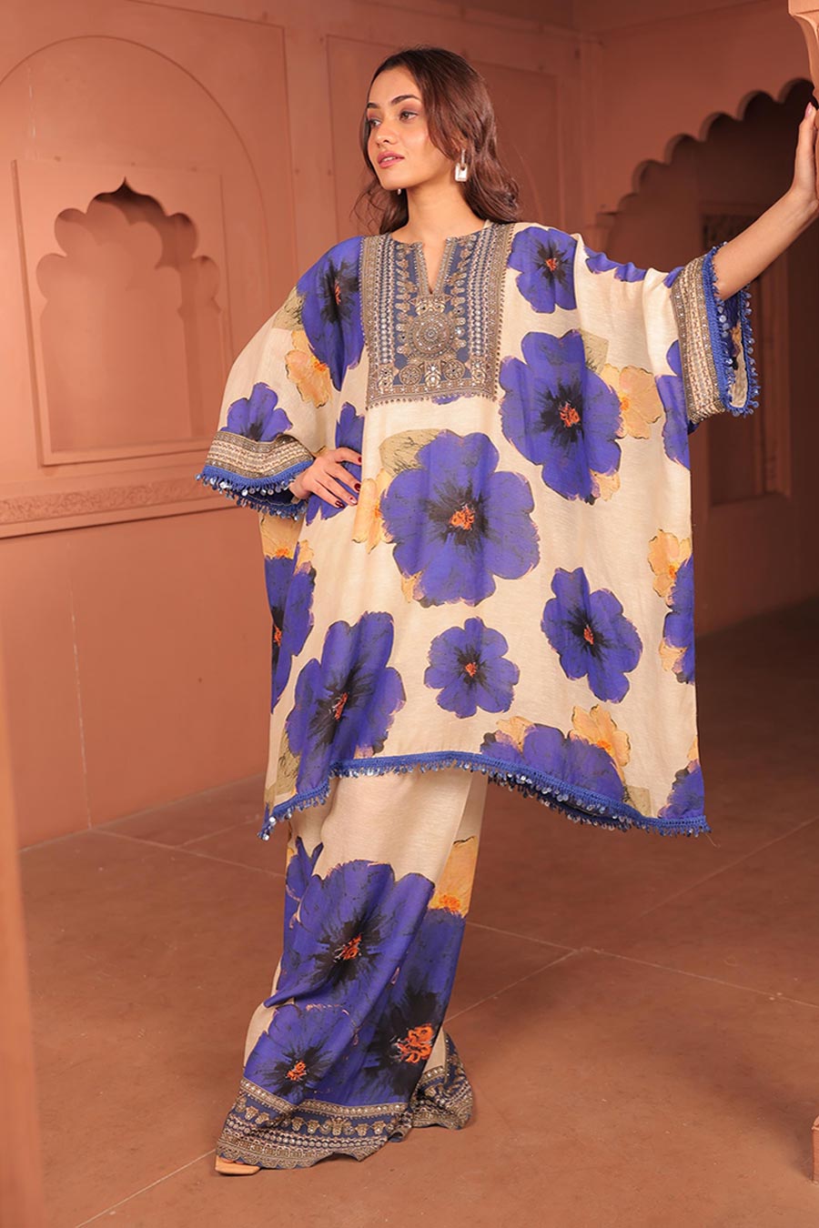 Beige & Blue Pankhudi Printed Kaftan & Pant Set