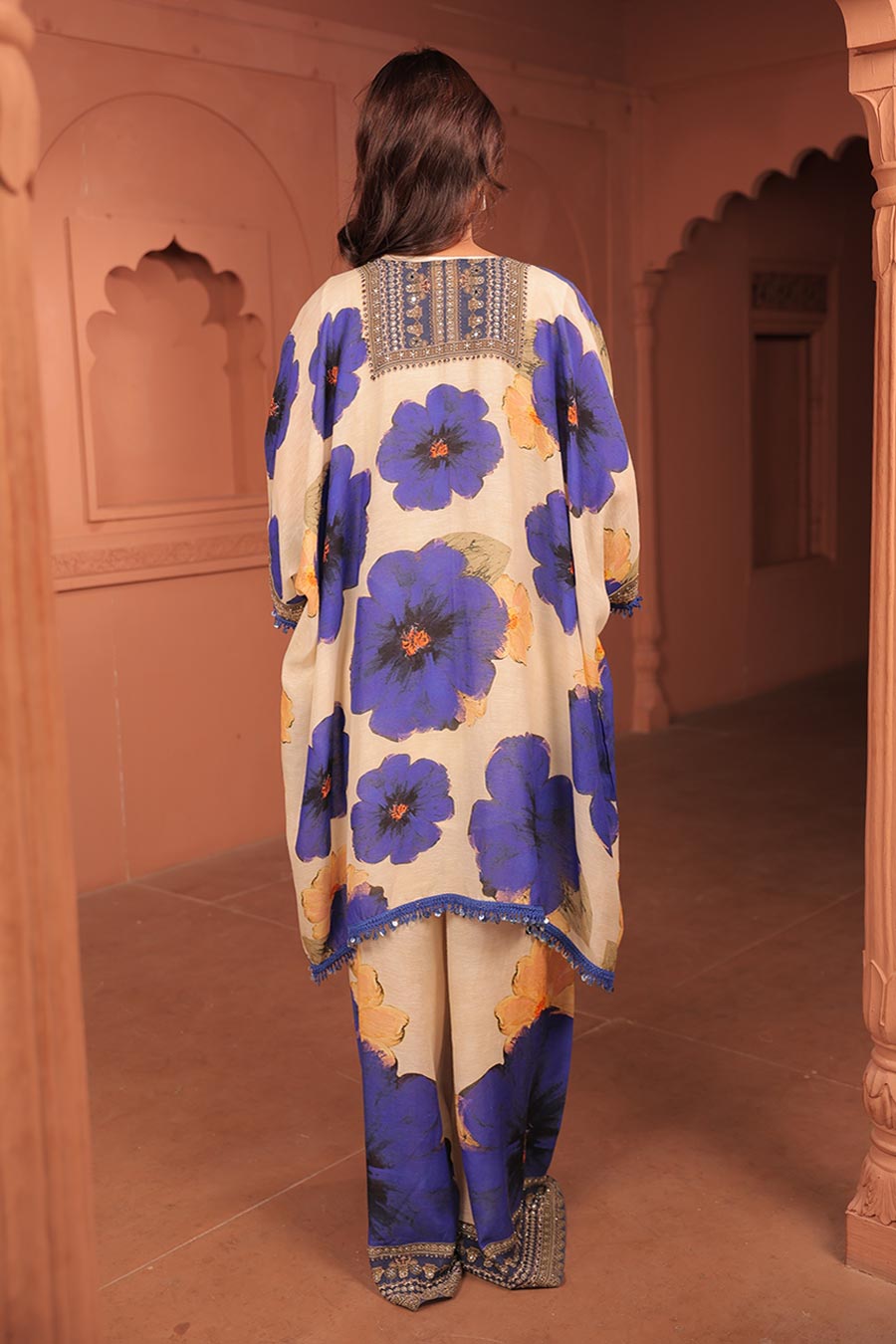 Beige & Blue Pankhudi Printed Kaftan & Pant Set