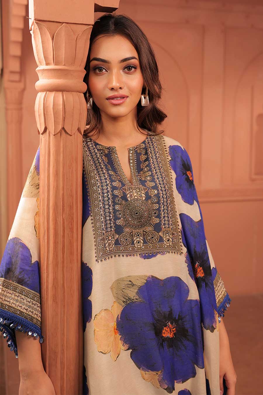 Beige & Blue Pankhudi Printed Kaftan & Pant Set