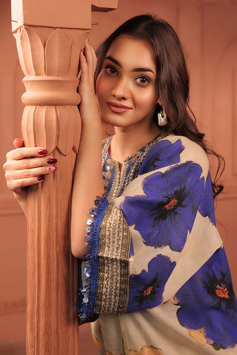 Beige & Blue Pankhudi Printed Kaftan & Pant Set