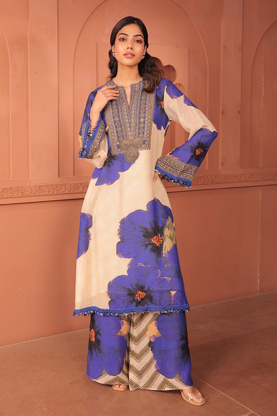 Beige & Blue Pankhudi Printed A-Line Kurta Set