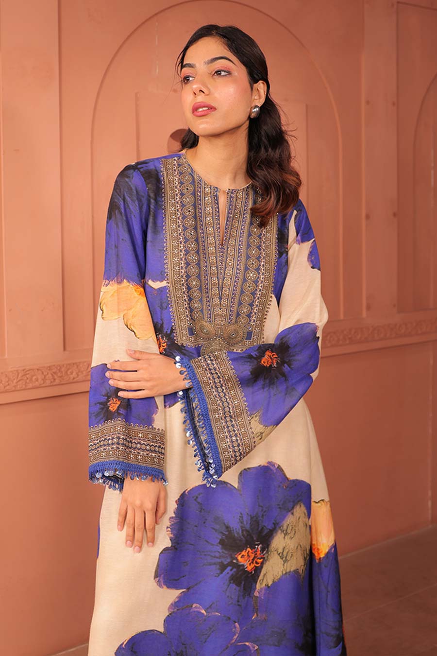 Beige & Blue Pankhudi Printed A-Line Kurta Set