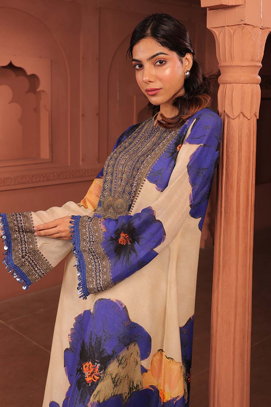 Beige & Blue Pankhudi Printed A-Line Kurta Set