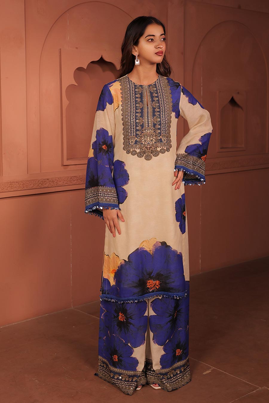 Beige & Blue Pankhudi Printed Kurta Set