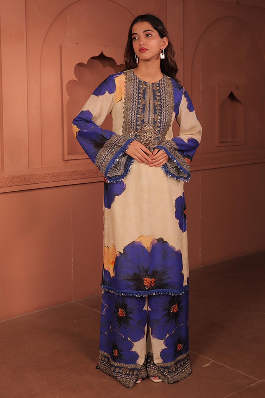 Beige & Blue Pankhudi Printed Kurta Set
