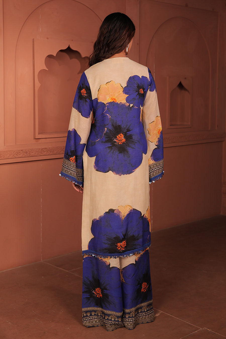 Beige & Blue Pankhudi Printed Kurta Set