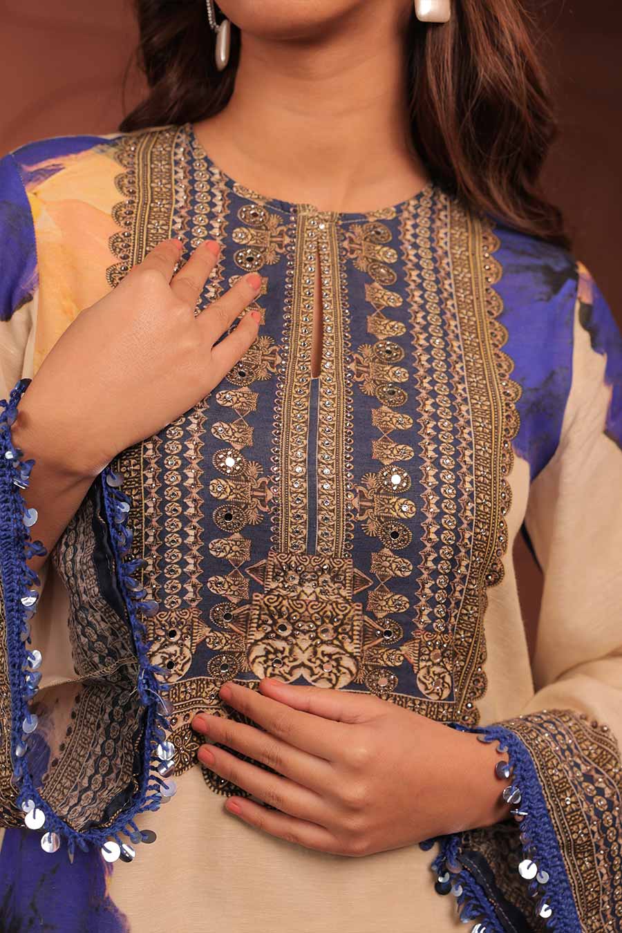 Beige & Blue Pankhudi Printed Kurta Set