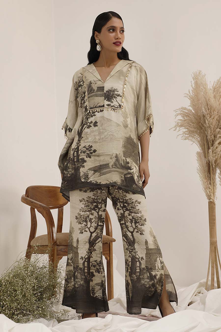 Light Grey Vanya Embellished Kaftan & Palazzo Set