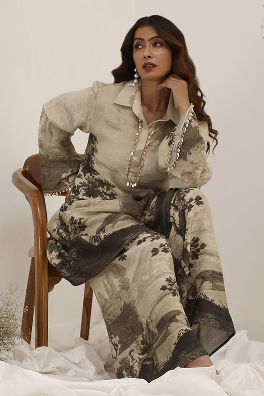 Light Grey Vanya Embellished Tunic & Palazzo Set