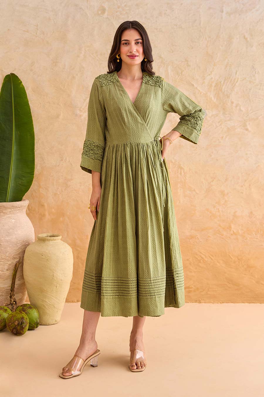 Olive Fern Cotton Wrap Midi Dress