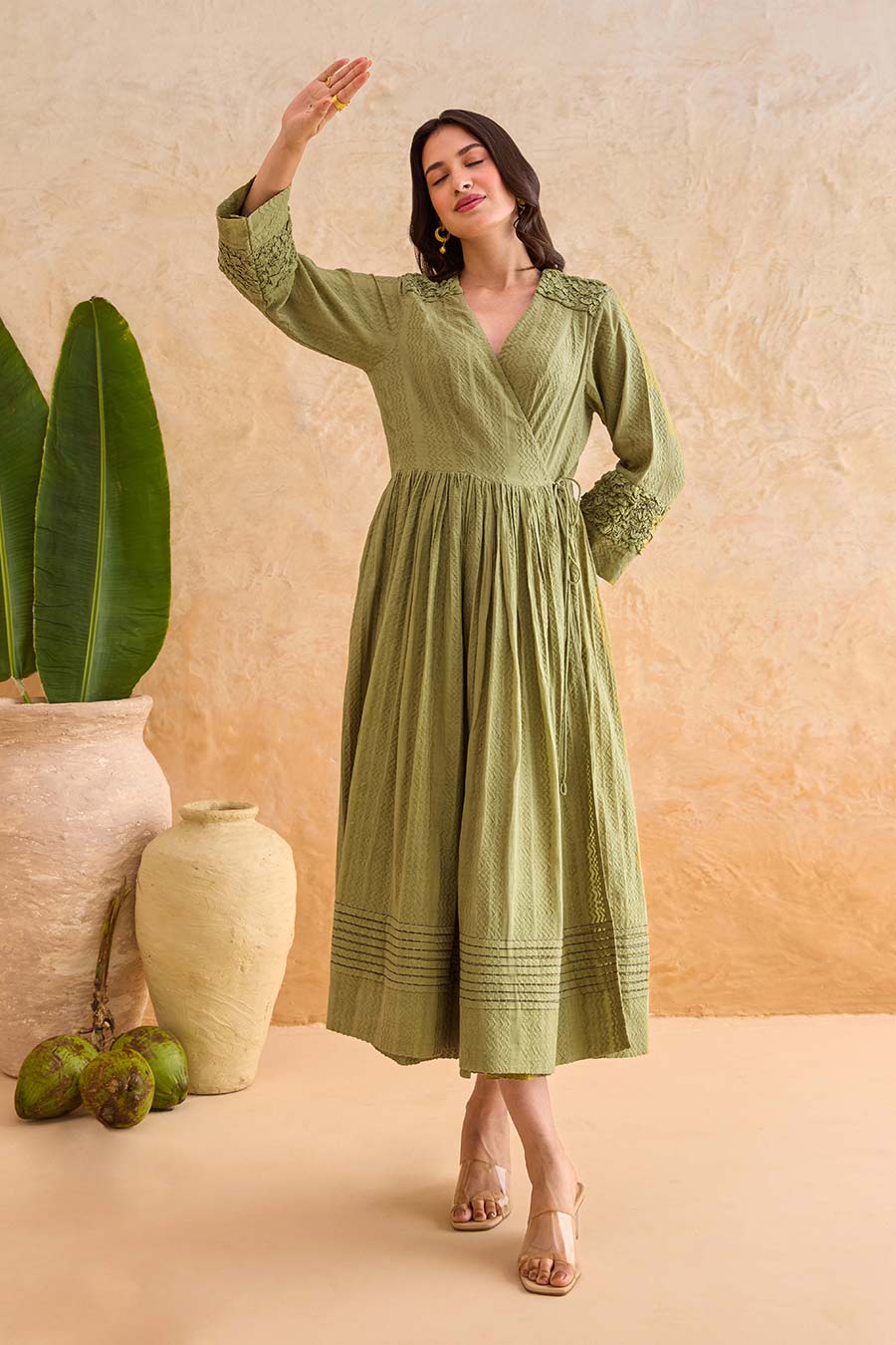 Olive Fern Cotton Wrap Midi Dress