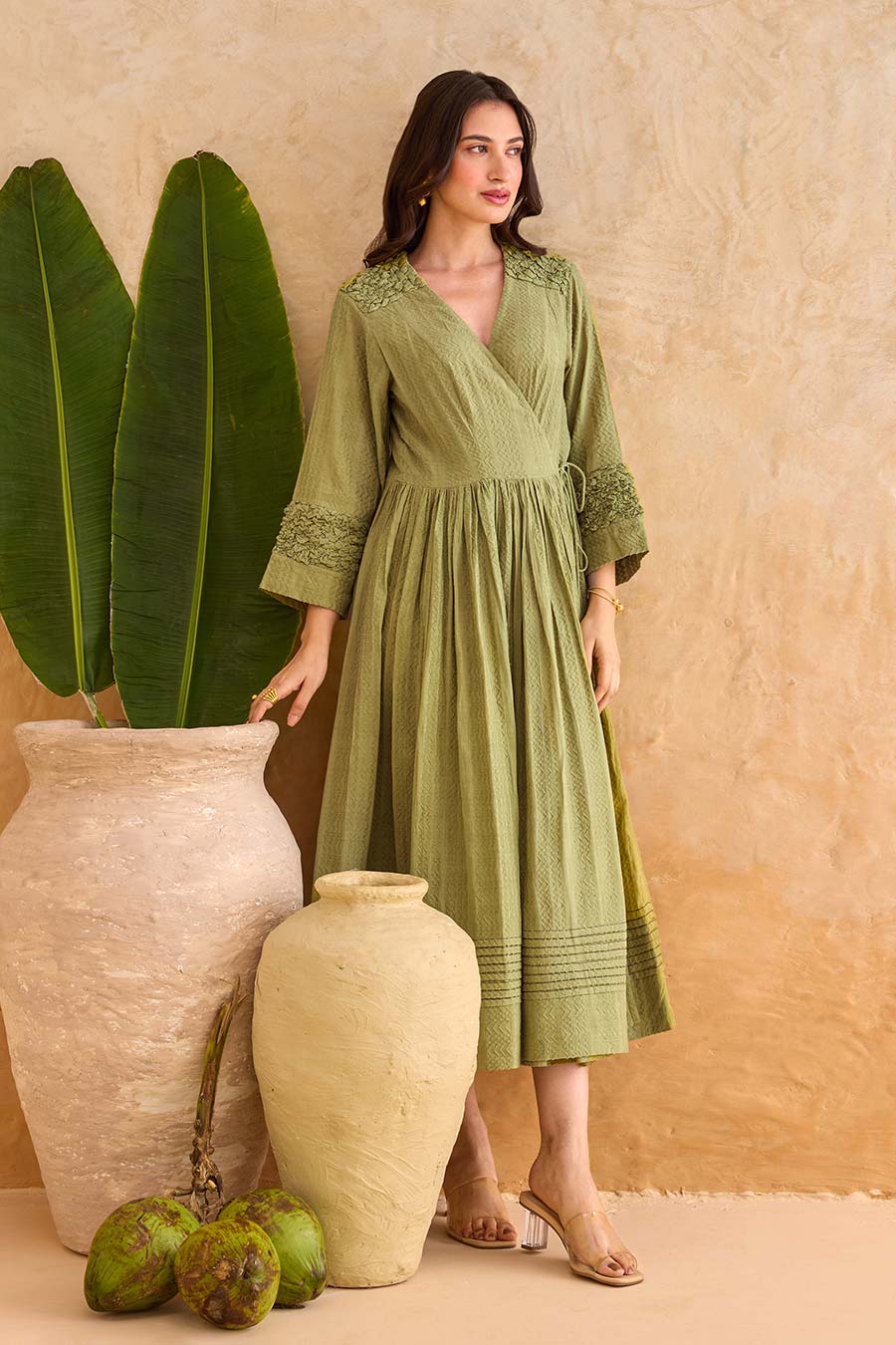 Olive Fern Cotton Wrap Midi Dress