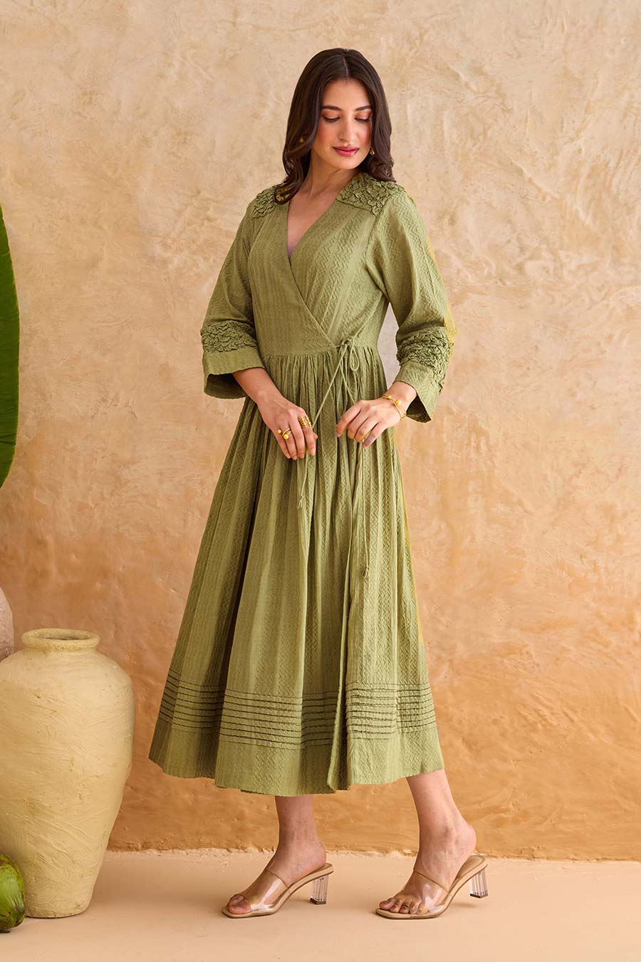 Olive Fern Cotton Wrap Midi Dress