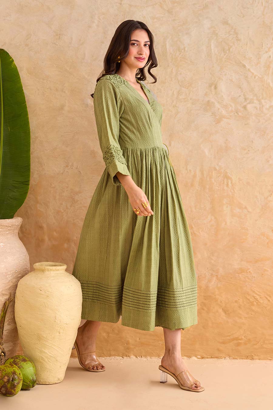 Olive Fern Cotton Wrap Midi Dress