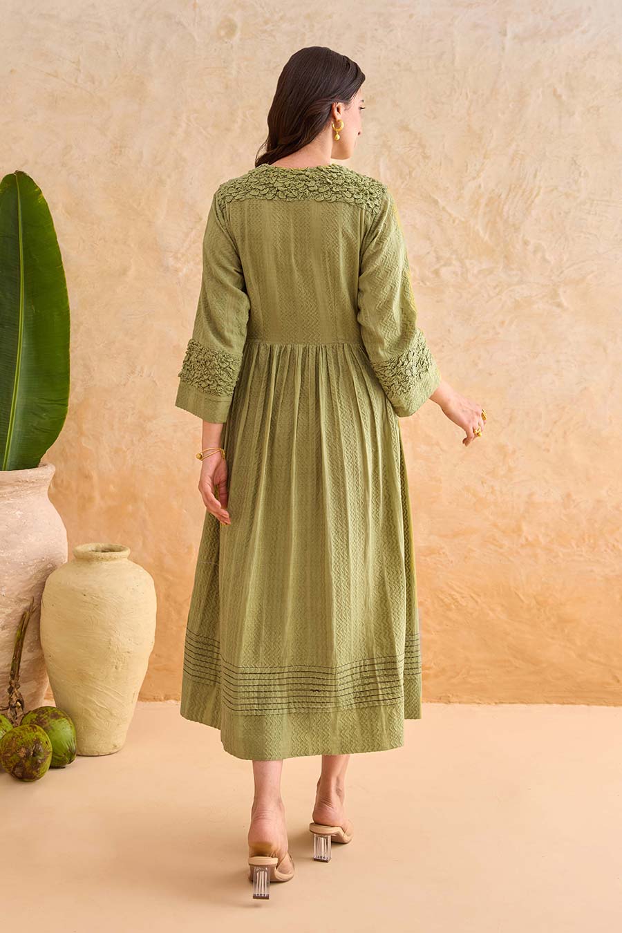 Olive Fern Cotton Wrap Midi Dress