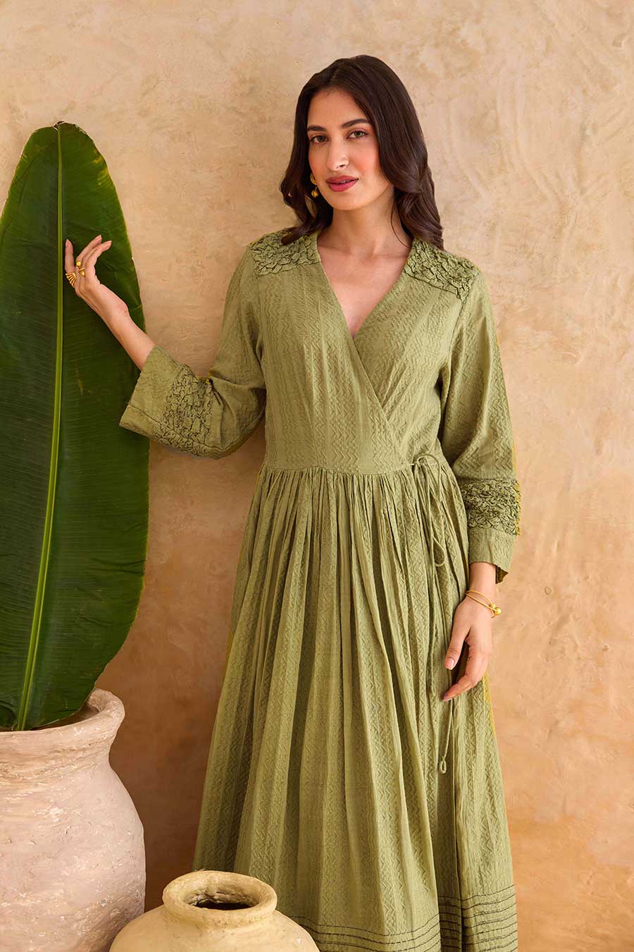 Olive Fern Cotton Wrap Midi Dress