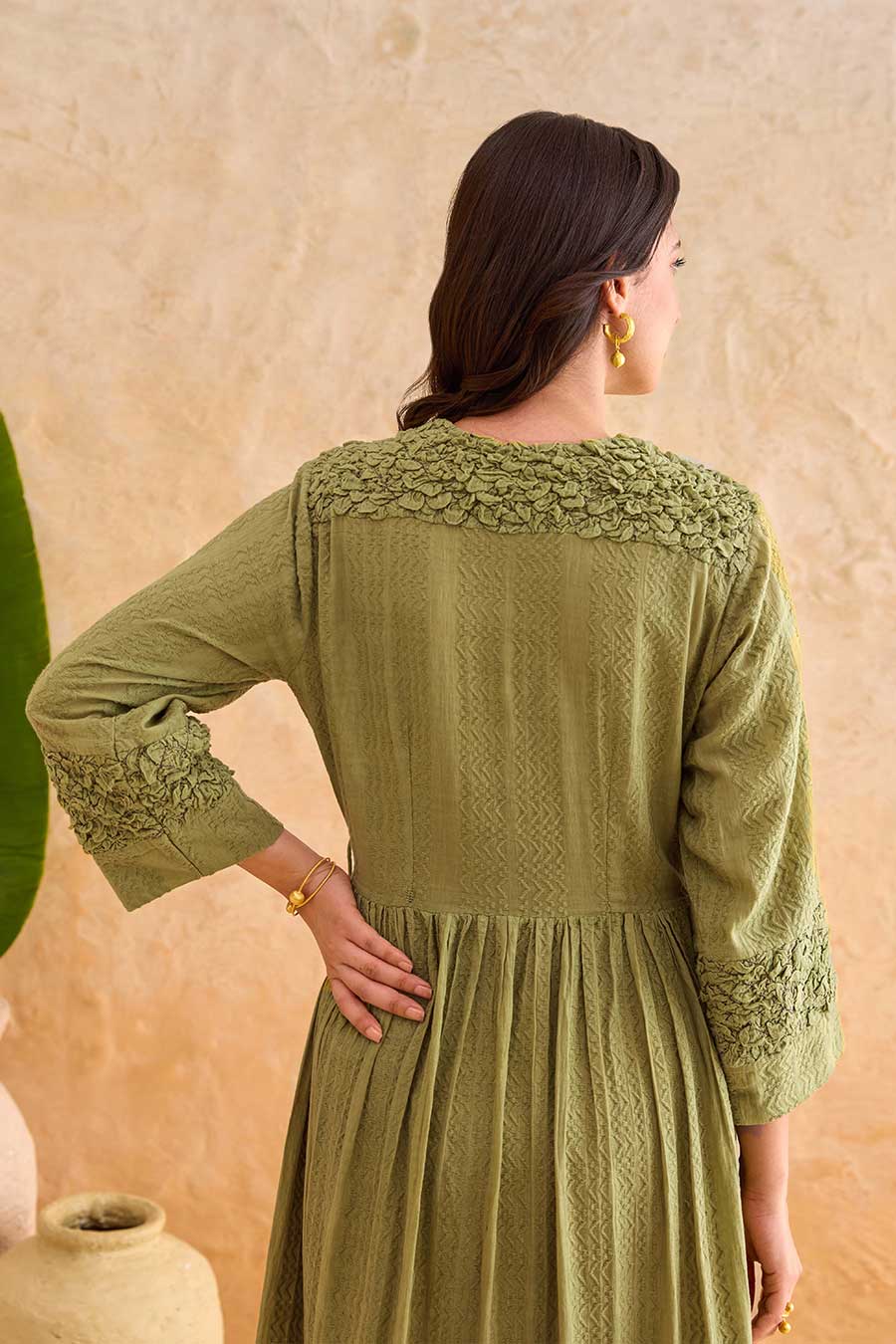 Olive Fern Cotton Wrap Midi Dress