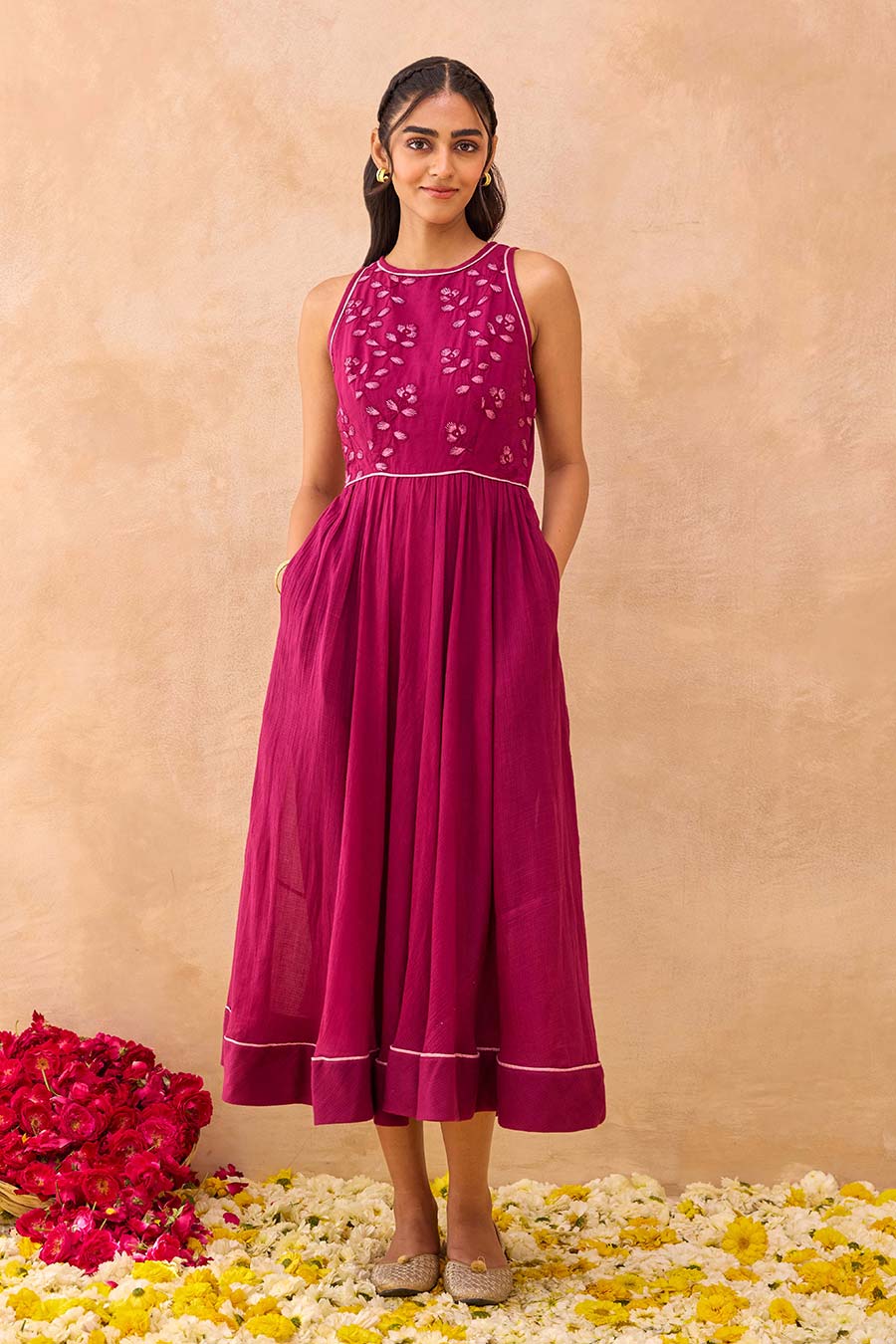 Magenta Meadow Embroidered Midi Dress