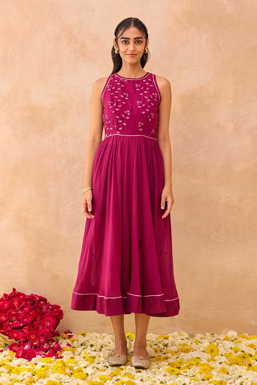 Magenta Meadow Embroidered Midi Dress