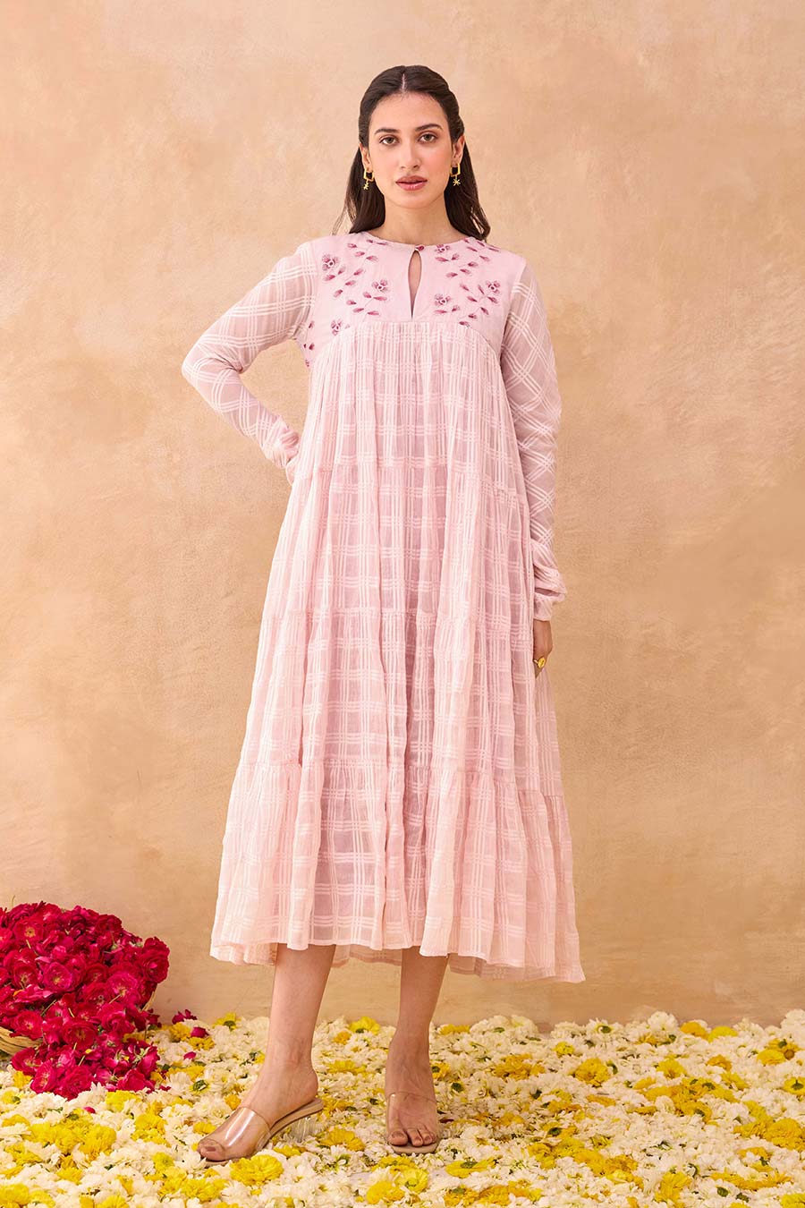 Pink Tickled Embroidered Midi Dress