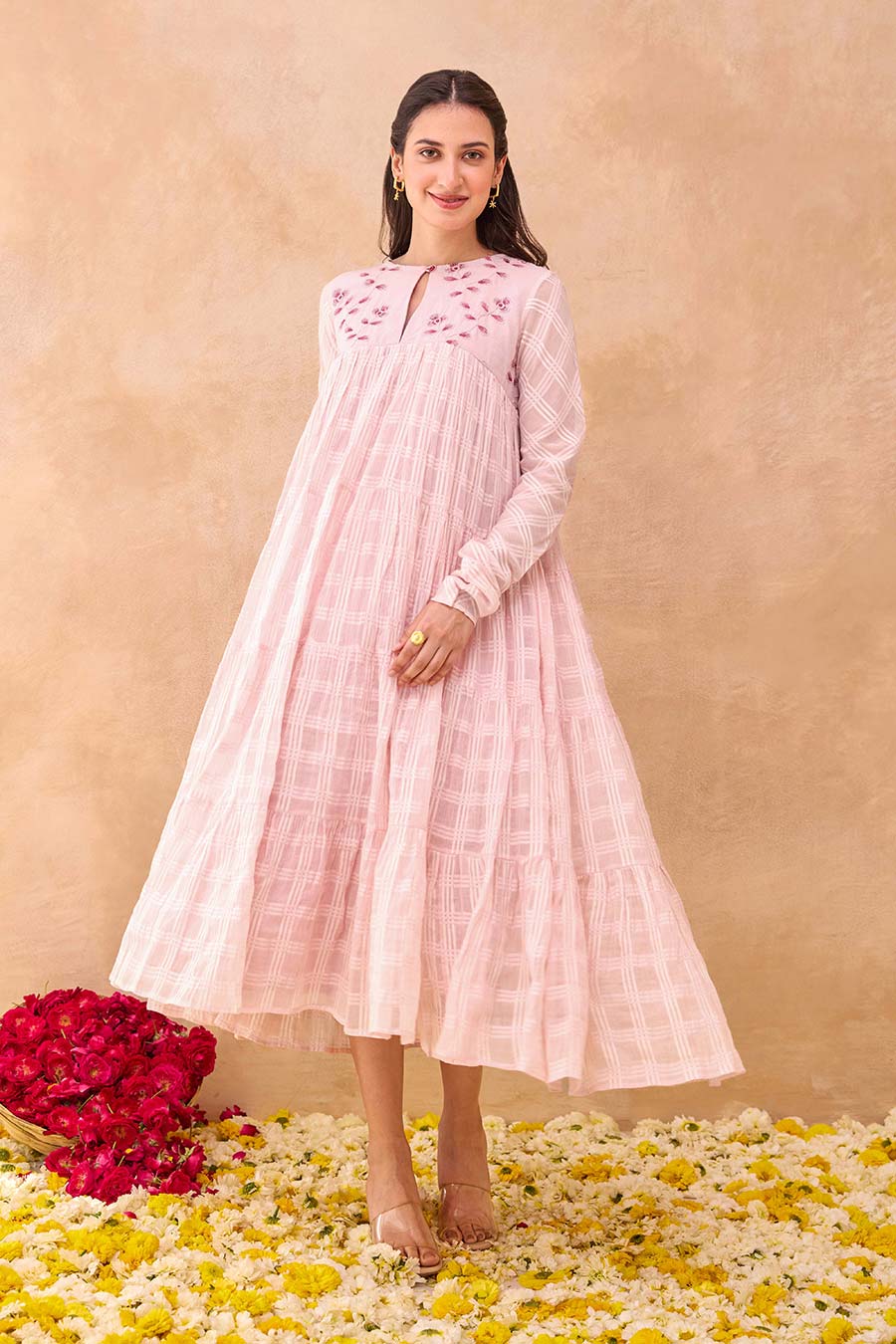 Pink Tickled Embroidered Midi Dress