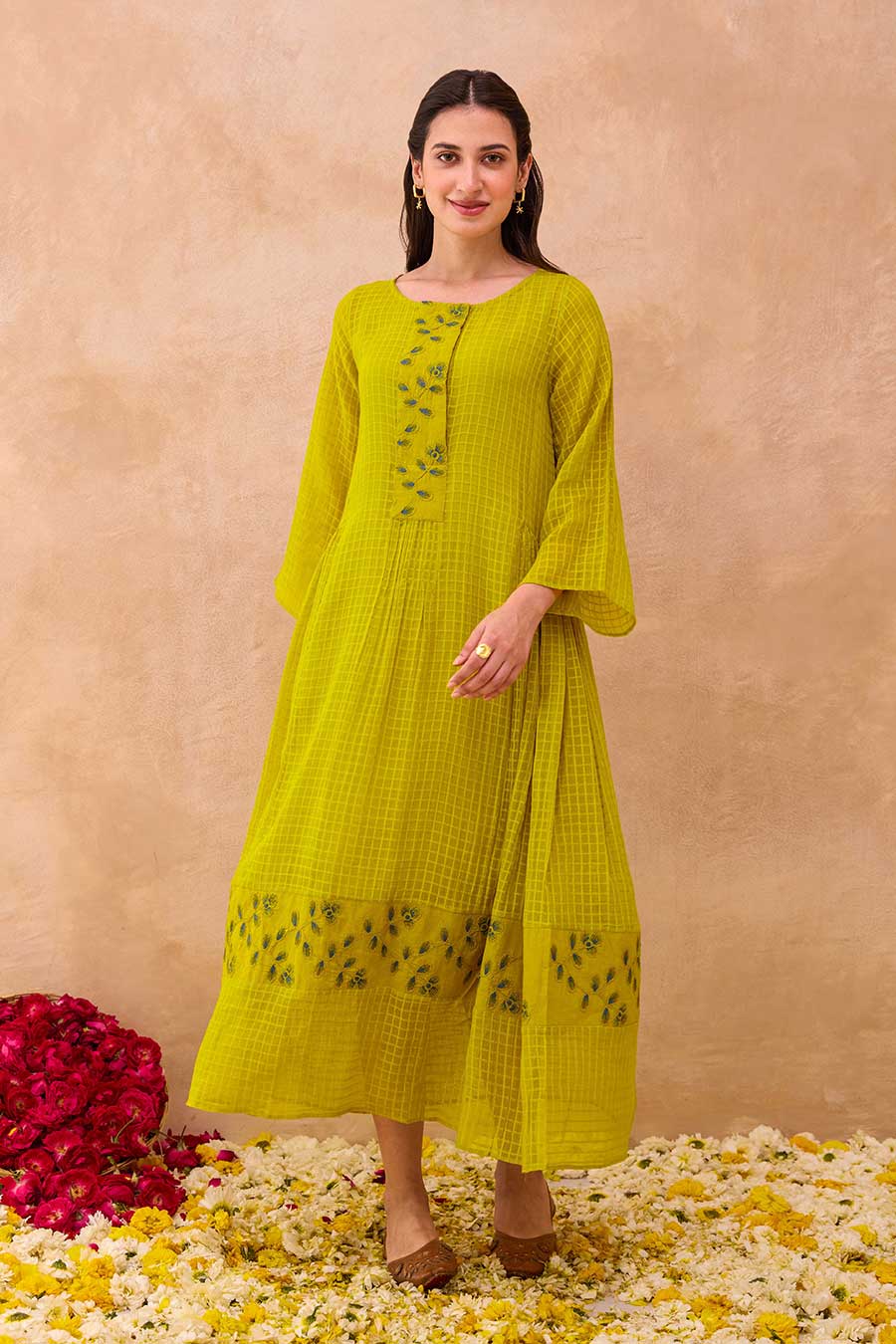 Green Sunlit Meadow Embroidered Dress