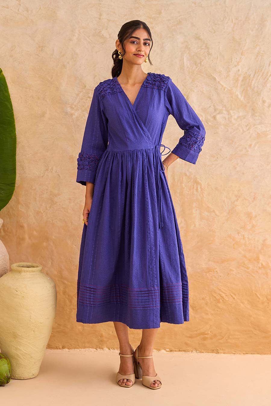 Indigo Midnight Fern Cotton Wrap Midi Dress