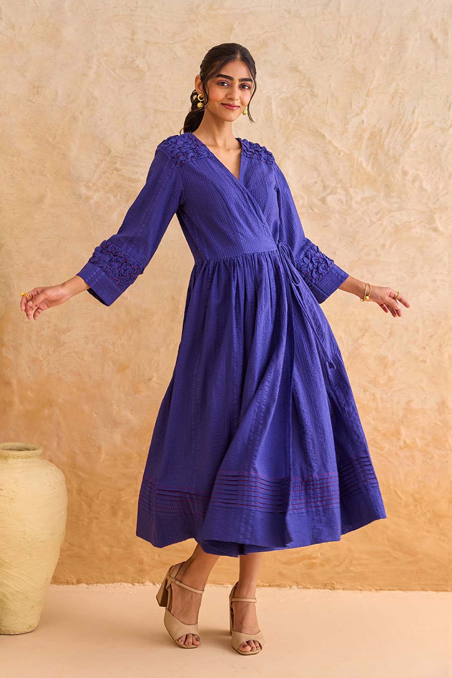 Indigo Midnight Fern Cotton Wrap Midi Dress