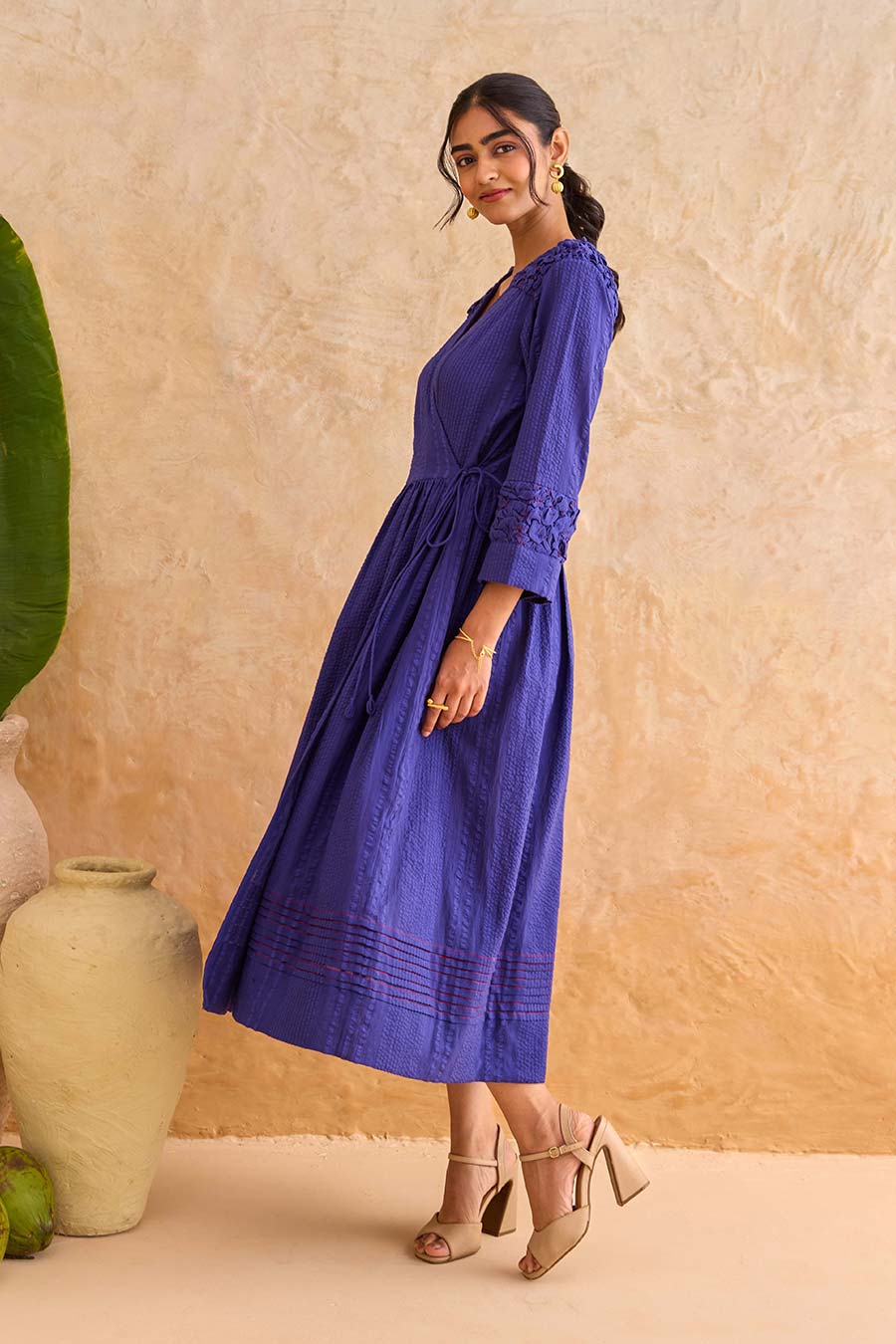Indigo Midnight Fern Cotton Wrap Midi Dress