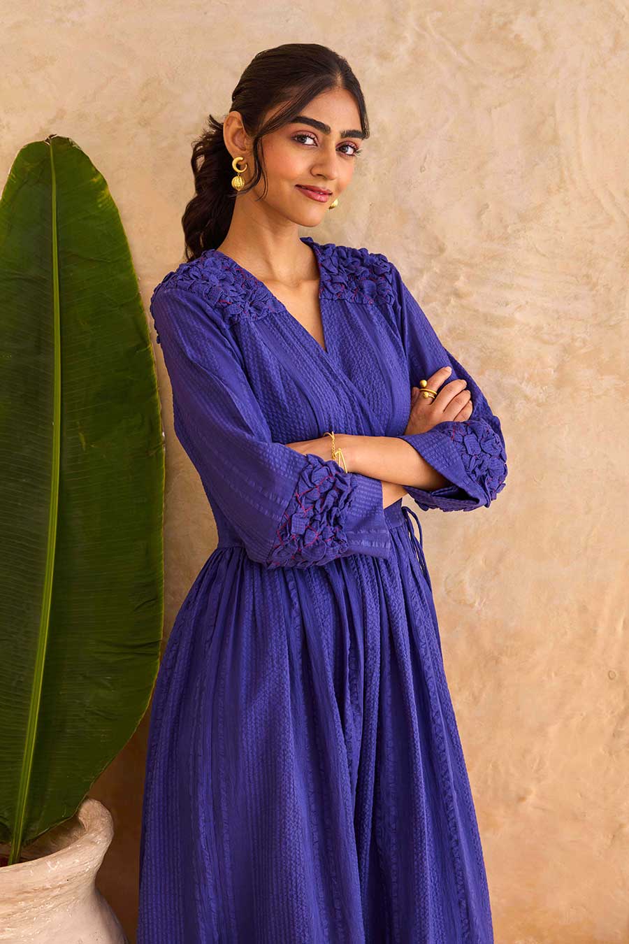 Indigo Midnight Fern Cotton Wrap Midi Dress