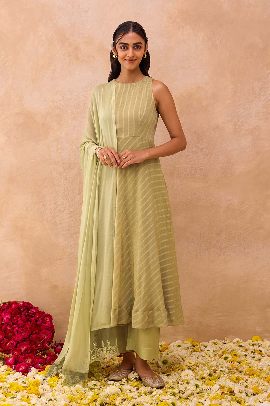 Olive Mist Self-Textured Kurta Set