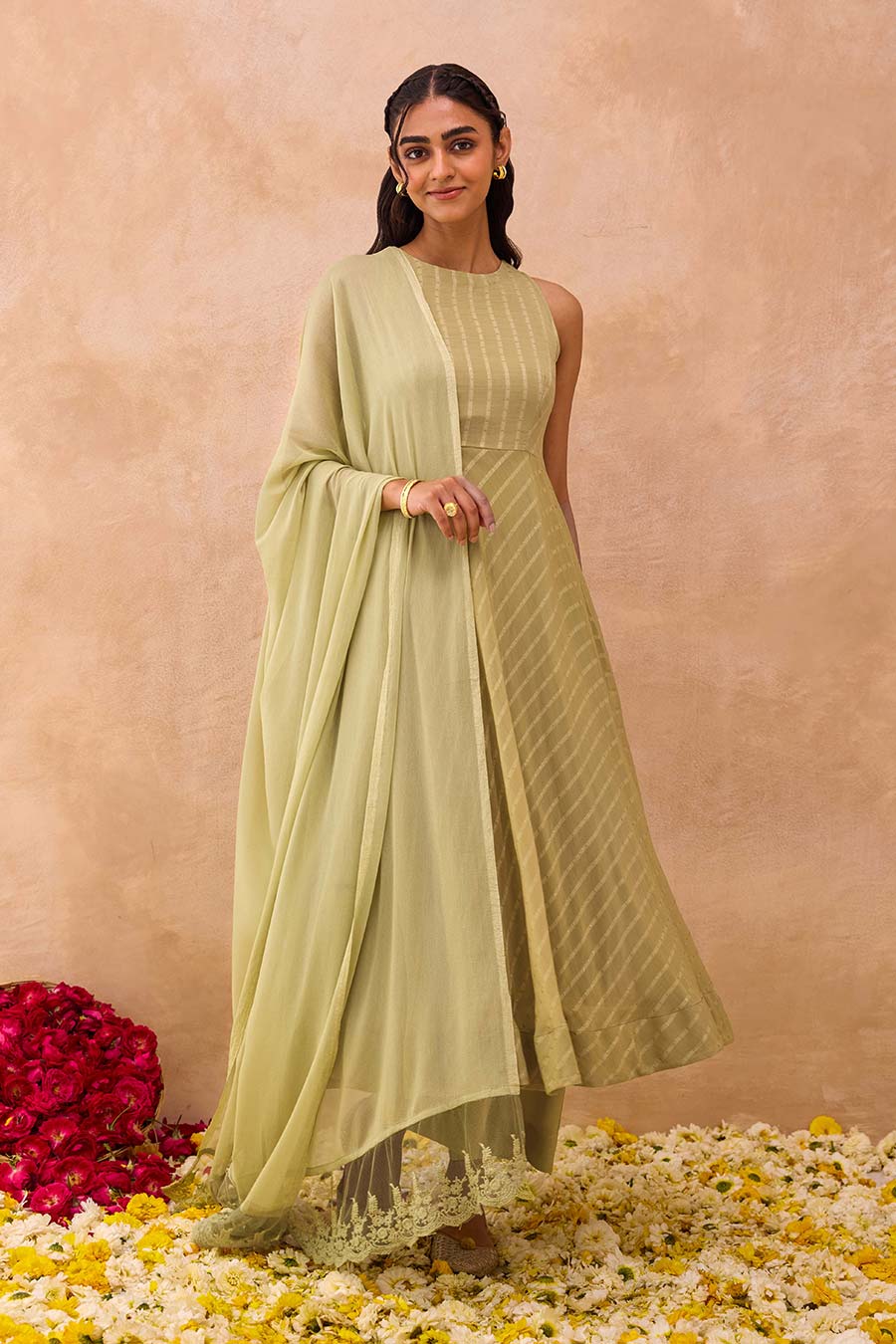 Olive Mist Self-Textured Kurta Set