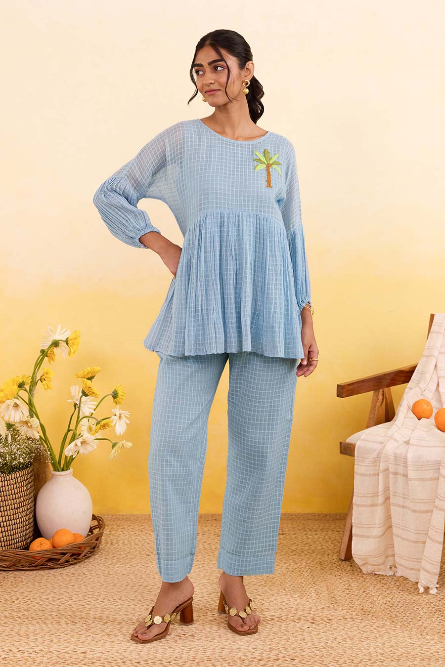 Blue Sky Grid Embroidered Peplum Top