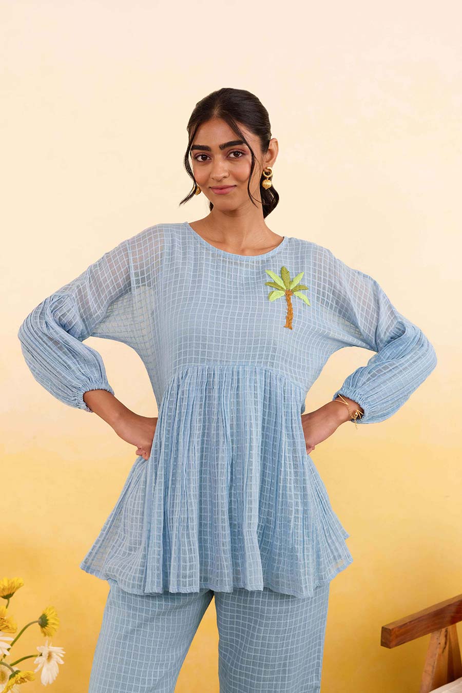 Blue Sky Grid Embroidered Peplum Top