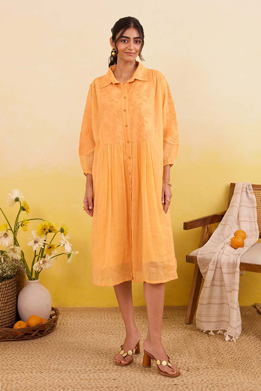 Yellow Marigold Daydream Embroidered Shirt Dress