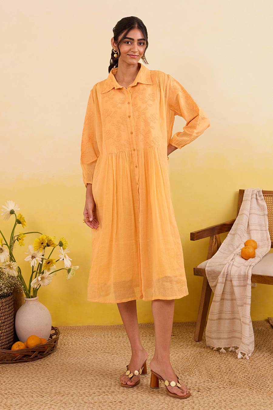 Yellow Marigold Daydream Embroidered Shirt Dress
