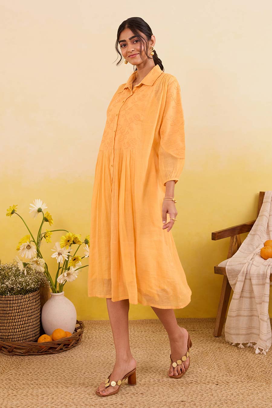 Yellow Marigold Daydream Embroidered Shirt Dress