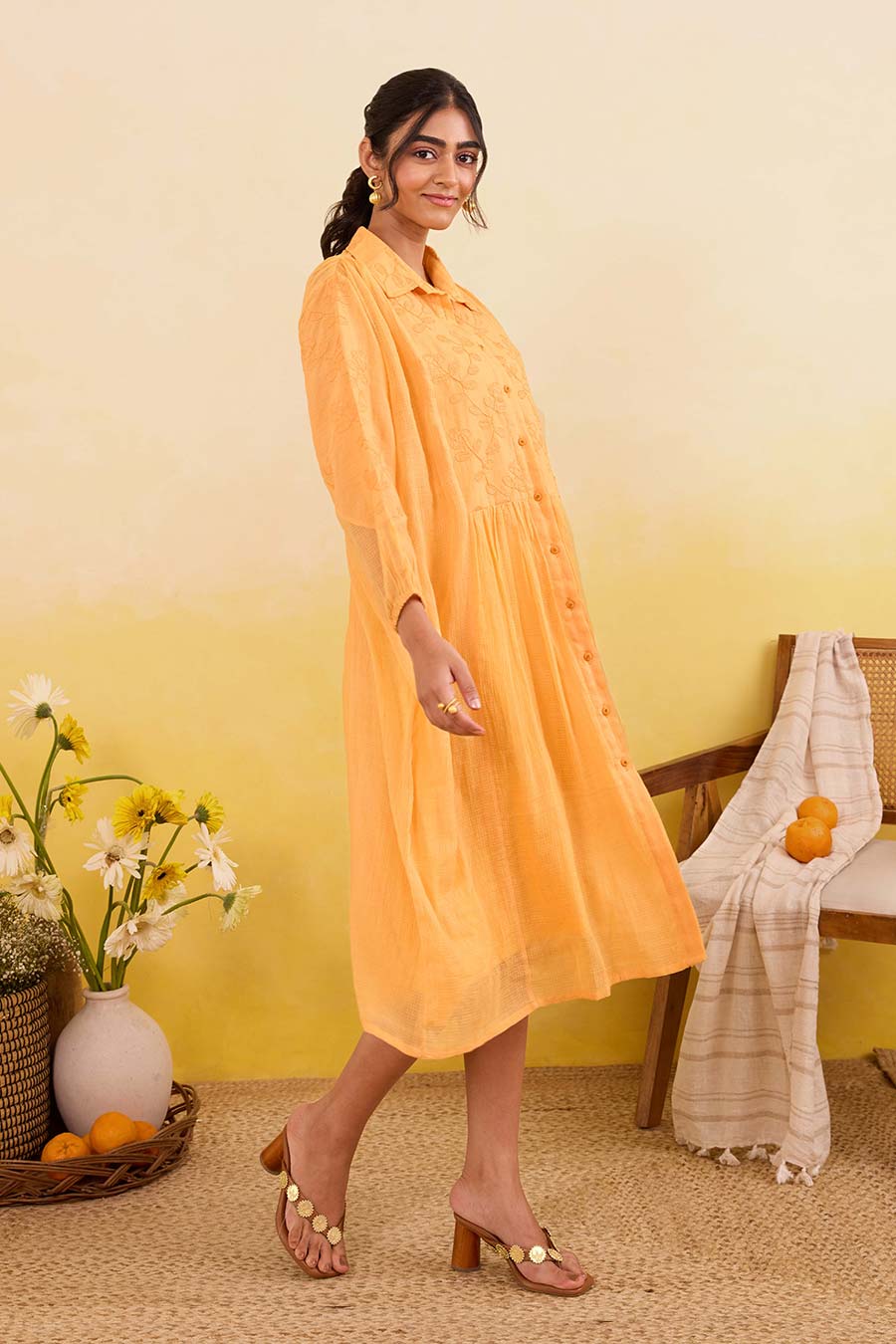 Yellow Marigold Daydream Embroidered Shirt Dress