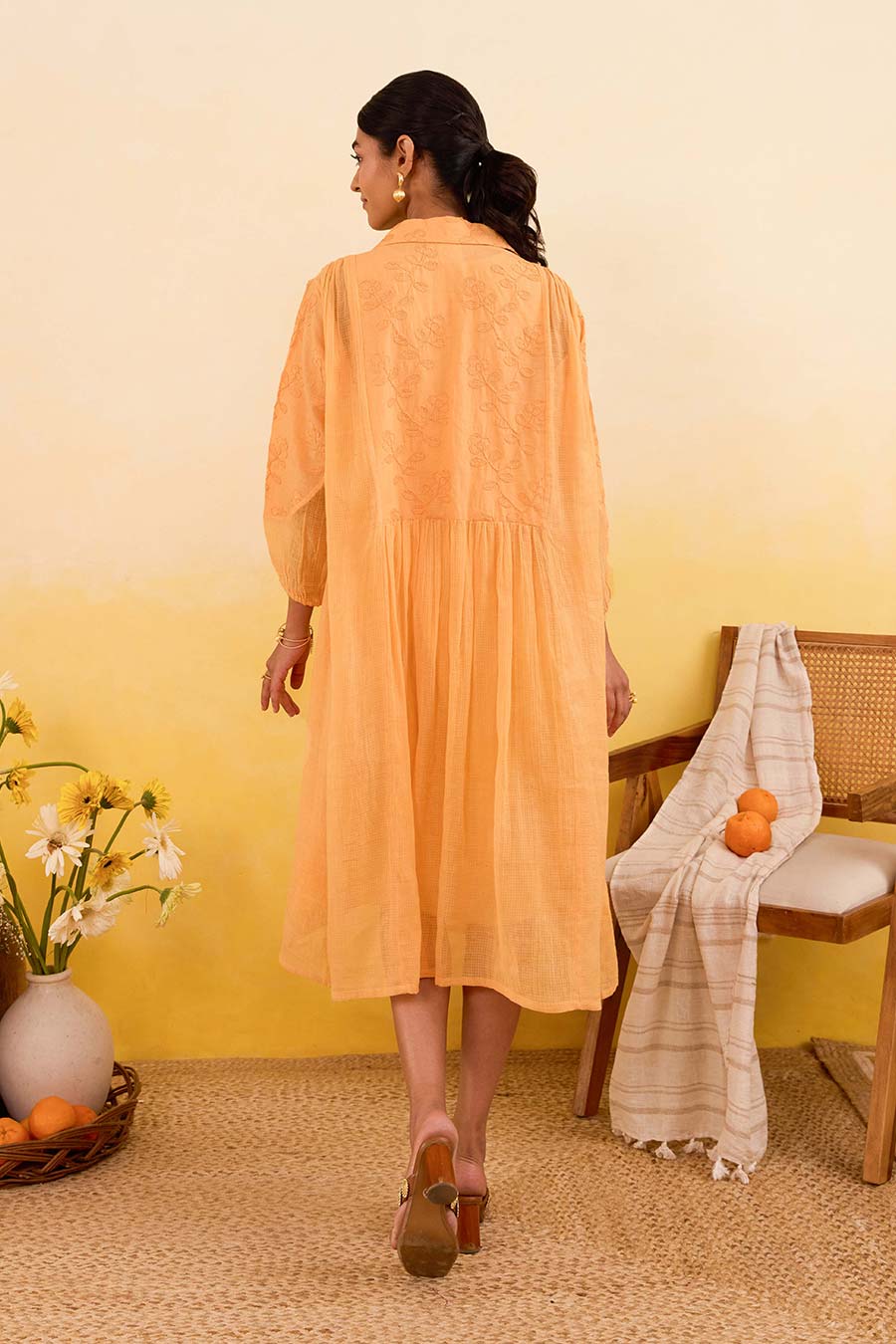 Yellow Marigold Daydream Embroidered Shirt Dress