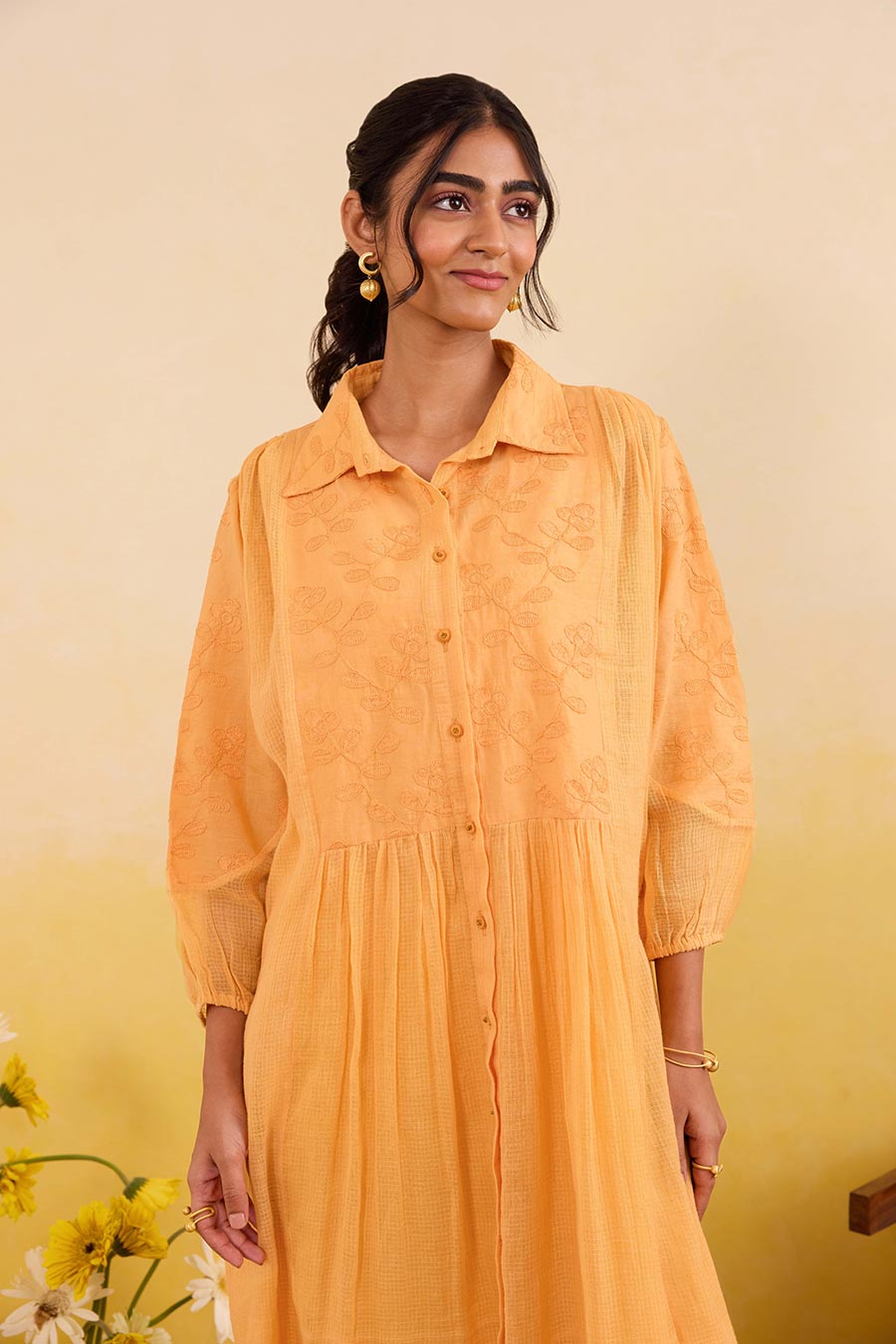 Yellow Marigold Daydream Embroidered Shirt Dress