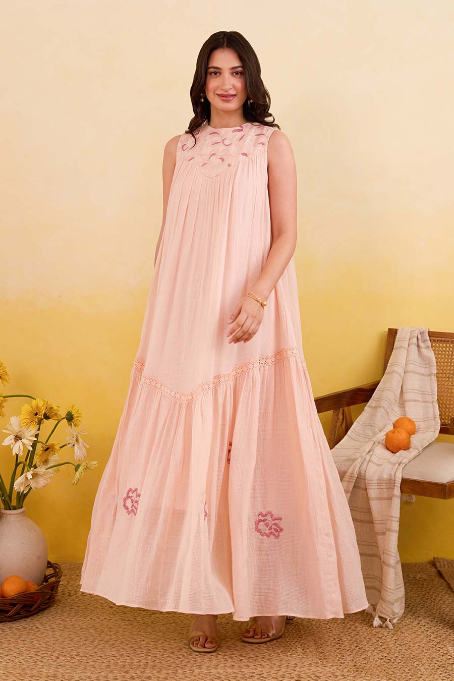 Apricot Bloom Embroidered Maxi Dress