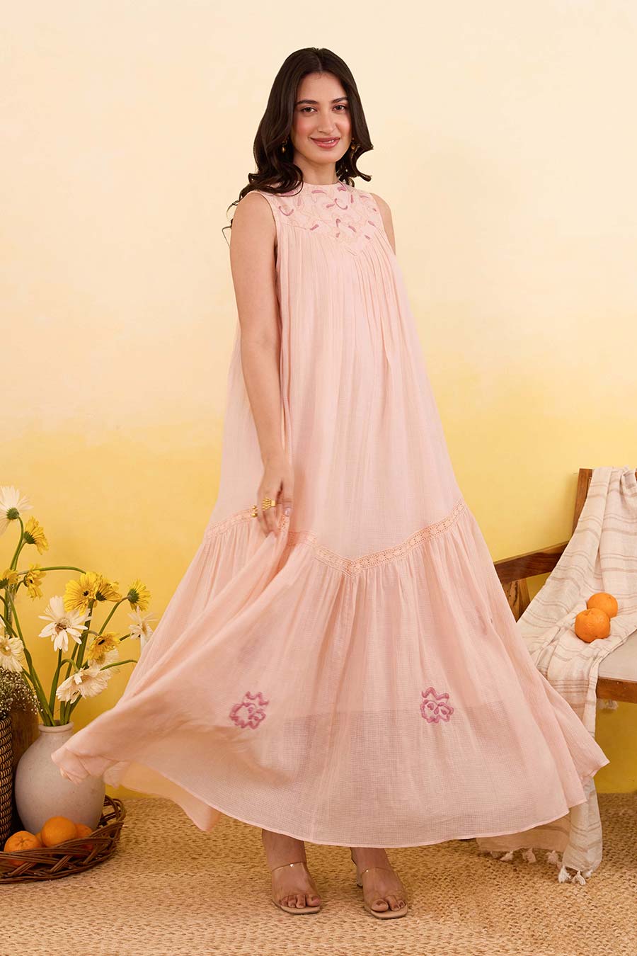 Apricot Bloom Embroidered Maxi Dress