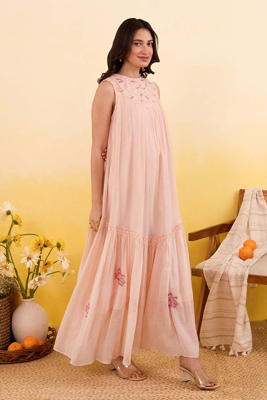 Apricot Bloom Embroidered Maxi Dress