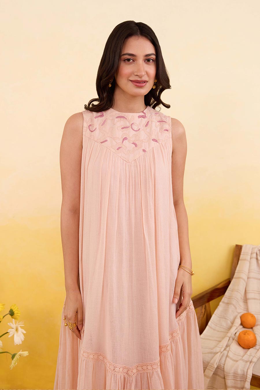 Apricot Bloom Embroidered Maxi Dress